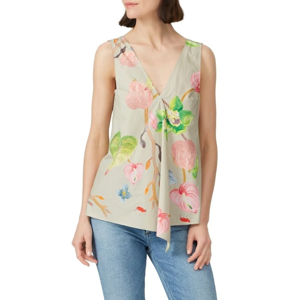 Tibi NWT Floral Top Vneck Sleeveless Green Yellow Shirt Pleat Ruffle Blouse 0